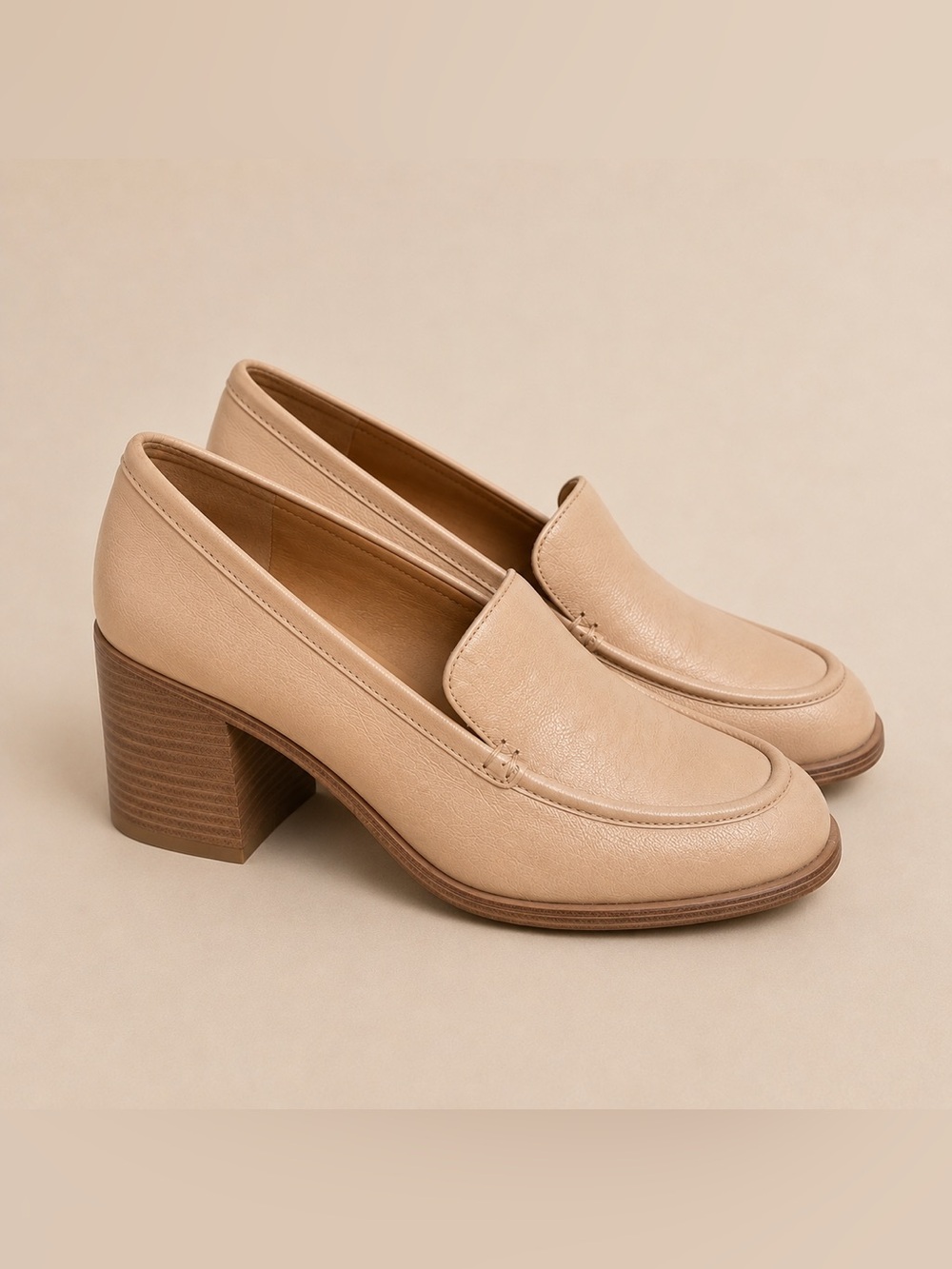 Crown Vintage Nude Beige Leather Block Heel Loafers
